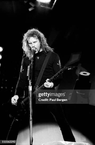 12th JUNE: vocalist James Hetfield from Metallica performs live on stage at De Kuip in Rotterdam, Netherlands on 12th June 1993.