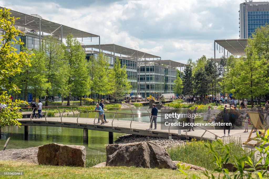 Modern offices in a business park, situated around a pond