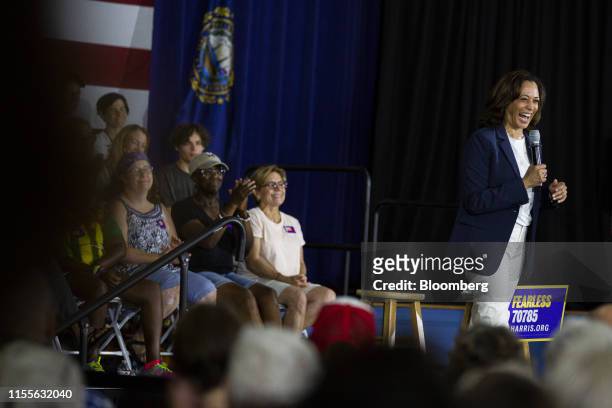 Senator Kamala Harris, a Democrat from California and 2020 presidential candidate, laughs during a town hall event in Somersworth, New Hampshire,...