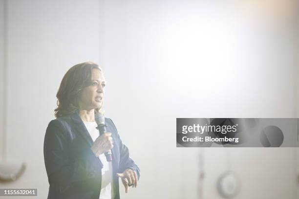 Senator Kamala Harris, a Democrat from California and 2020 presidential candidate, speaks during a town hall event in Somersworth, New Hampshire,...