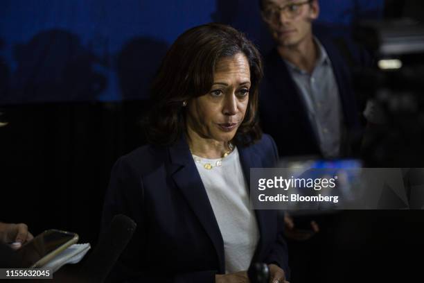 Senator Kamala Harris, a Democrat from California and 2020 presidential candidate, listens to a question from members of the media during a town hall...