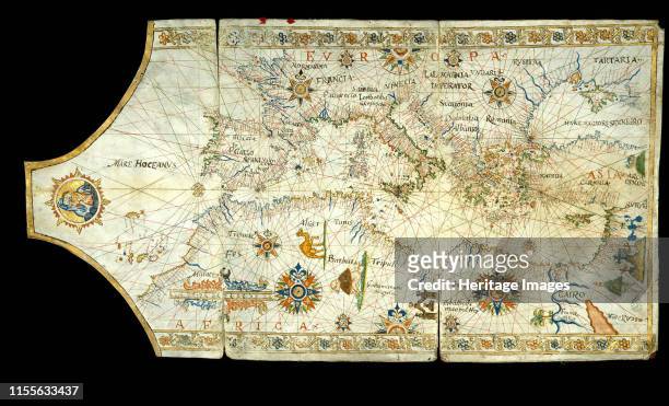 Portolan chart of the Mediterranean Sea, the Black Sea, Sea of Azov and Atlantic coasts of Europe and Africa, 16th century. Found in the Collection...