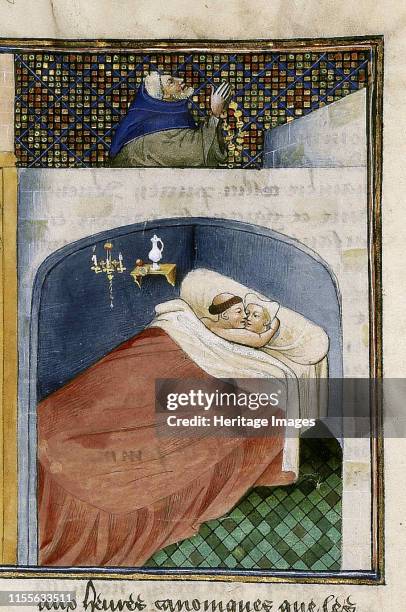 The monk sleeps with the wife while the husband is praying. Miniature from Le livre appellé Decameron by Giovanni Boccaccio, 1460s. Found in the...