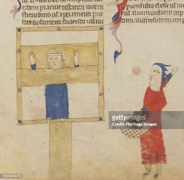 The pillory. From the Coutumes de Toulouse, 1295-1297. Found in the Collection of Bibliothèque Nationale de France. Artist Anonymous.