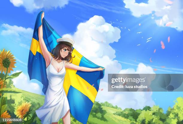 young woman with a swedish flag on her graduation day - graduation sweden stock illustrations