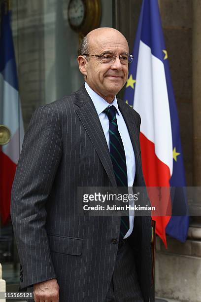 French Minister of Foreign and European Affairs Alain Juppe leaves the weekly french cabinet meeting at Elysee Palace on June 8, 2011 in Paris,...