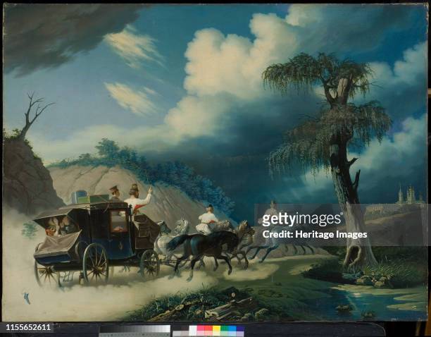 Troika during a thunderstorm, 1830s. Found in the Collection of Museum of Horse breeding in the Timiryazev Academy, Moscow. Artist Hampeln, Carl, von...