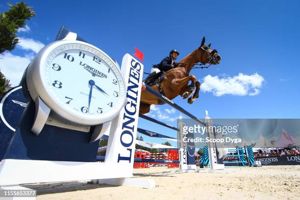Cyril Bouvard OF FRANCE riding Victoria d'Argent during the Jumping Longines Crans Montana at Crans-sur-Sierre on July 14, 2019 in Crans-Montana,...