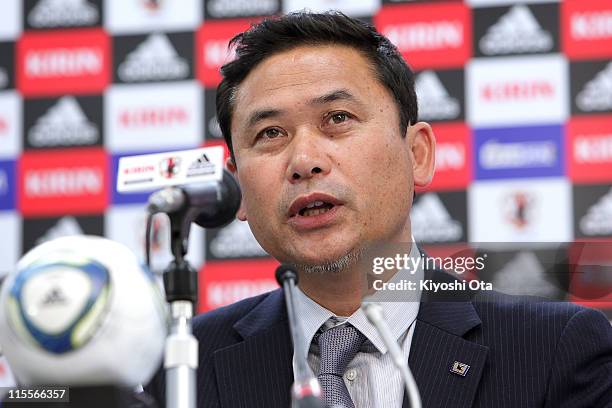 Norio Sasaki, Head Coach of Japan Women's National Soccer Team, speaks during a press conference to announce the Japan Women's National Soccer Team...