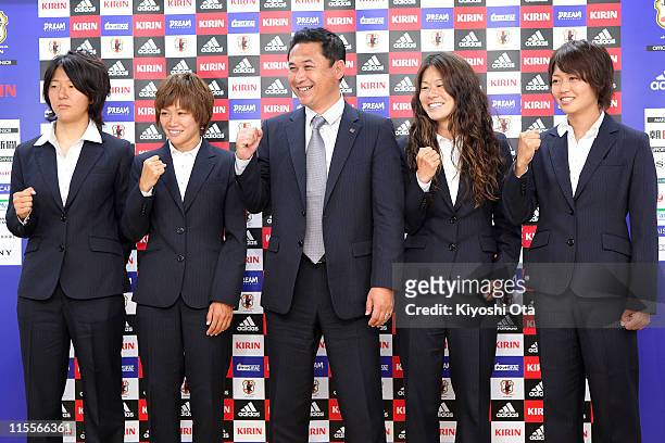 Norio Sasaki , Head Coach of Japan Women's National Soccer Team, poses with Japan Women's National Soccer Team players Yuki Nagasato , Nahomi...