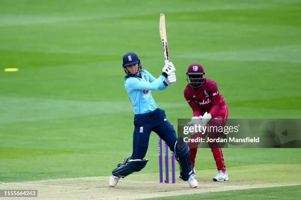 Amy Jones of England bats during the 3rd One Day International match between England Women and West Indies Women at the Cloudfm County Ground on June...