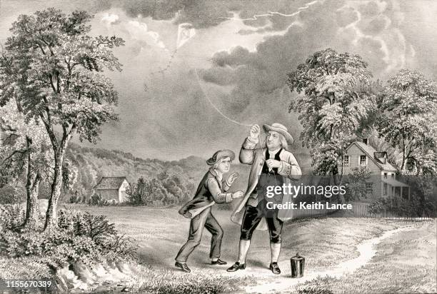 benjamin franklin flies a kite during at thunderstorm, june 1752 - historical clothing stock illustrations