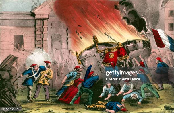 burning the royal carriages at the chateau d'eu during the french revolutionof 1848 - rebellion stock illustrations