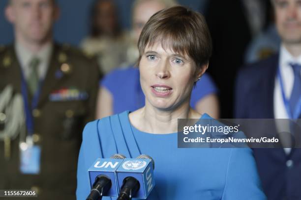 Kersti Kaljulaid, President of Estonia, addresses press following her country's election to the Security Council at the UN Headquarters in New York...