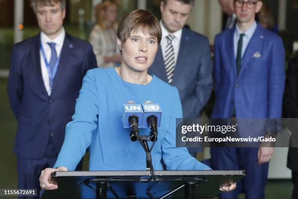 Kersti Kaljulaid, President of Estonia, addresses press following her country's election to the Security Council at the UN Headquarters in New York...
