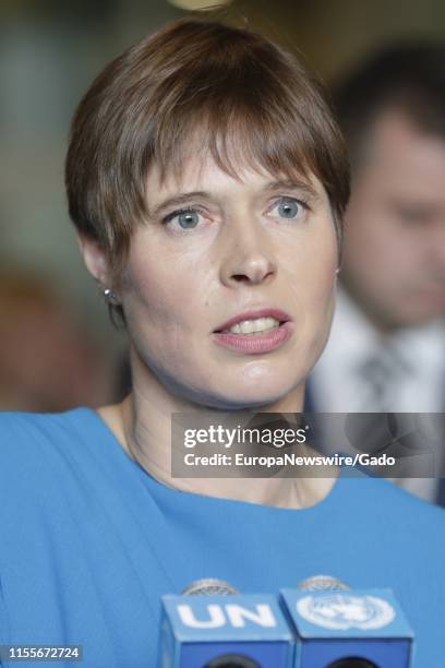 Kersti Kaljulaid, President of Estonia, addresses press following her country's election to the Security Council at the UN Headquarters in New York...