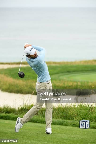 Clement Sordet of France plays a shot from the first tee during the first round of the 2019 U.S. Open at Pebble Beach Golf Links on June 13, 2019 in...