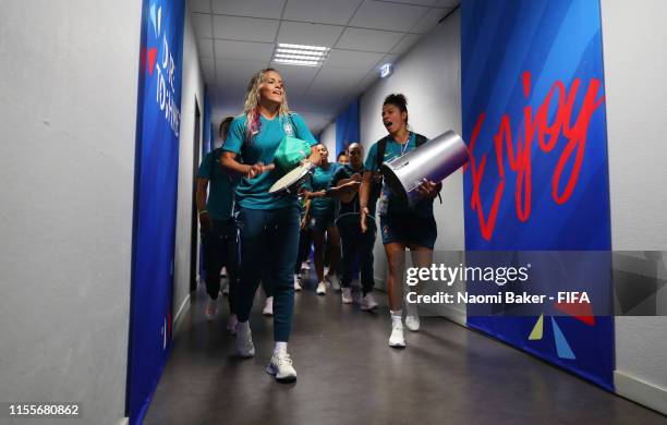 Monica and Cristiane of Brazil arrives at the stadium prior to the 2019 FIFA Women's World Cup France group C match between Australia and Brazil at...