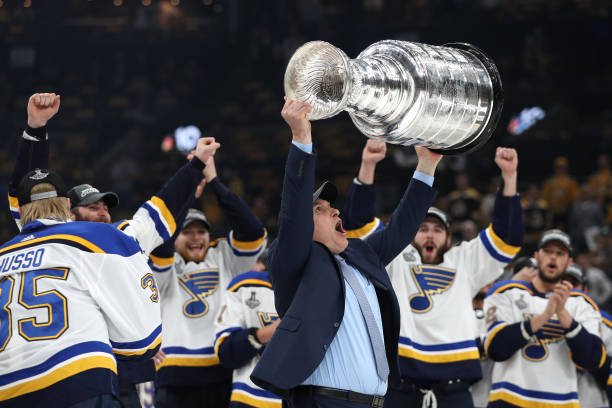 Head coach Craig Berube of the St. Louis Blues celebrates with the Stanley cup after defeating the Boston Bruins in Game Seven of the 2019 NHL...