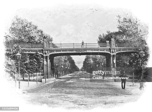entrance on the hauptallee to prater park in vienna, austria - austro-hungarian empire 19th century - prater amusement park stock illustrations