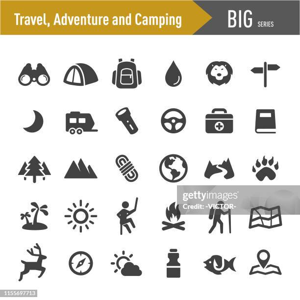 stockillustraties, clipart, cartoons en iconen met reizen, avontuur en camping iconen-grote series - guidebook