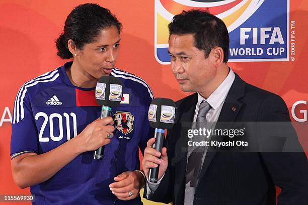 Steffi Jones , President of the Women's World Cup 2011 German Organizing Committee, and Norio Sasaki, Head Coach of Japan Women's National Soccer...