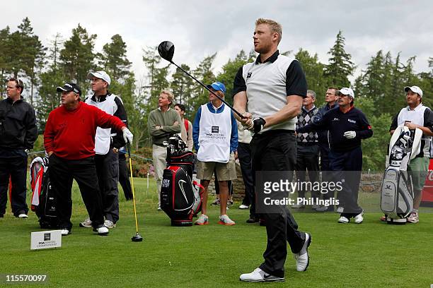Andrew 'Freddie' Flintoff tees off on the 10th during the Pro-Am for the the De Vere Club PGA Seniors Championship played at the Hunting Course, De...