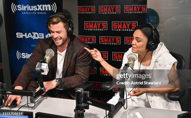 Actors Chris Hemsworth and Tessa Thompson visit 'Sway in the Morning' hosted by SiriusXM's Sway Calloway on Eminem's Shade 45 at SiriusXM Studios on...