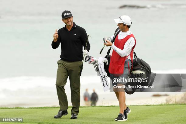 Scott Piercy of the United States reacts to a shot on the tenth hole during the first round of the 2019 U.S. Open at Pebble Beach Golf Links on June...
