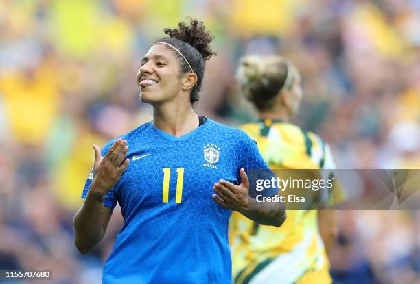 Cristiane of Brazil celebrates after scoring her team's second goal during the 2019 FIFA Women's World Cup France group C match between Australia and...