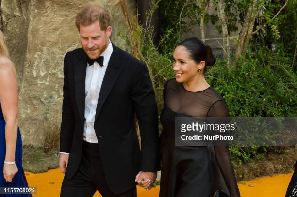 Prince Harry and Meghan, Duchess of Sussex, attend the European film premiere of Disney's 'The Lion King' at Odeon Luxe Leicester Square on 14 July,...