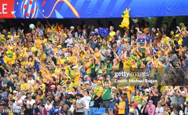 Australia fans celebrate after their team's second goal during the 2019 FIFA Women's World Cup France group C match between Australia and Brazil at...