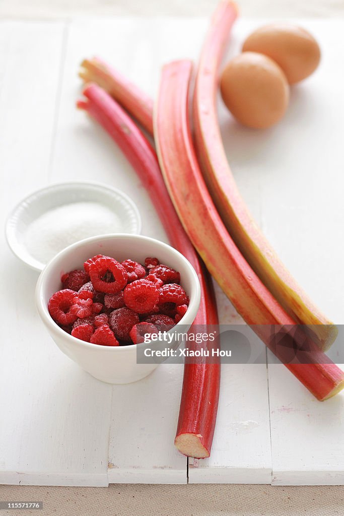 Rhubarb, Raspberries, Sugar, and Eggs