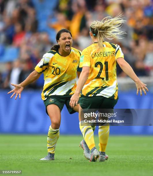 Sam Kerr and Ellie Carpenter of Australia celebrate following their sides victory in the 2019 FIFA Women's World Cup France group C match between...