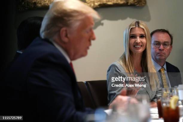 White House adviser and first daughter Ivanka Trump speaks as U.S. President Donald Trump and Acting White House Chief of Staff and Director of the...