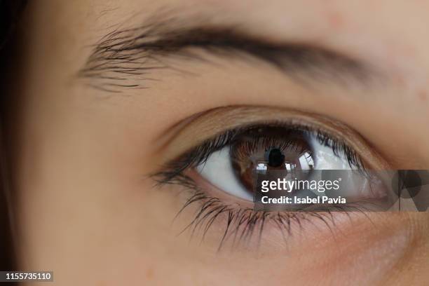cropped image of woman eye - brown eyes reflection stock pictures, royalty-free photos & images