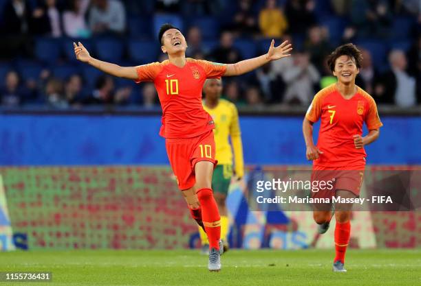 Ying Li of China celebrates after scoring her team's first goal during the 2019 FIFA Women's World Cup France group B match between South Africa and...