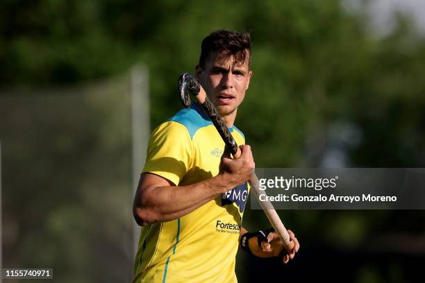 Tom Craig of Australia in action during the Men's FIH Field Hockey Pro League match between Spain and Australia at Club Villa de Madrid on June 13,...