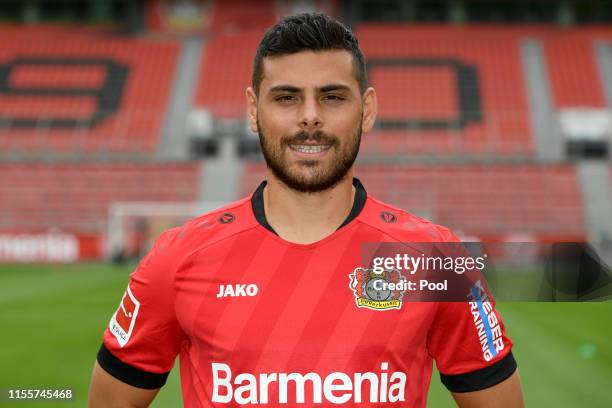 Kevin Volland of Bayer Leverkusen poses during the team presentation at BayArena on July 11, 2019 in Leverkusen, Germany.