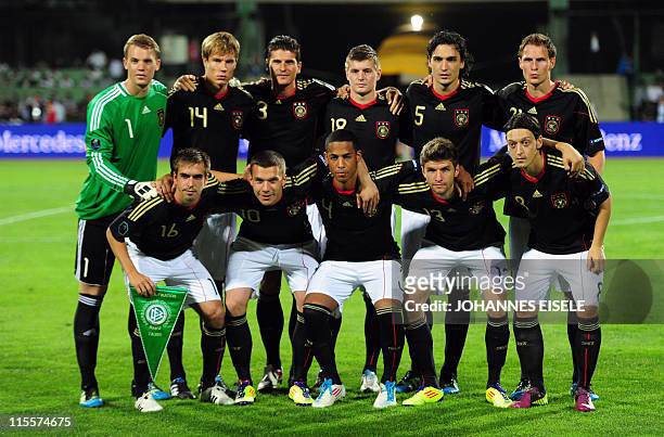Germany's team pose for a group photo before the Euro 2012 qualifier football match Azerbaijan vs Germany on June 7, 2011 in Baku, Azerbaijan....