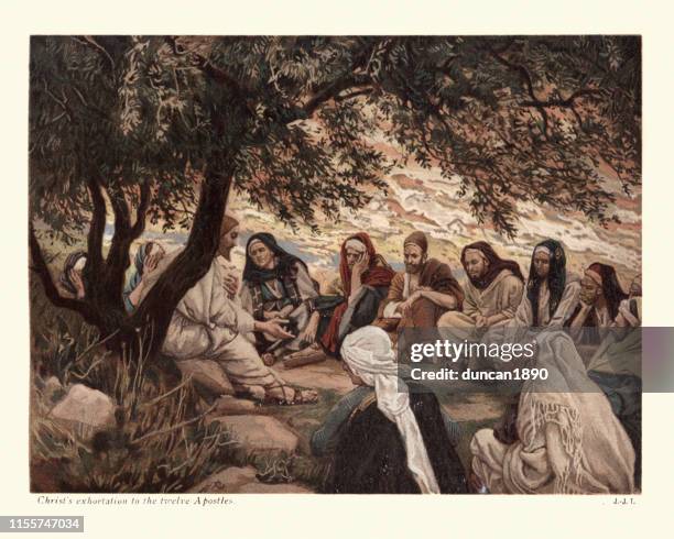 jesus christ's exhortation to the twelve apostles - jesus teaching disciples stock illustrations