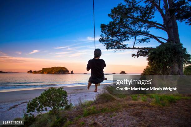 a girl plays on a swing at sunset at new zealand's haihe beach. - halbinsel coromandel peninsula stock-fotos und bilder