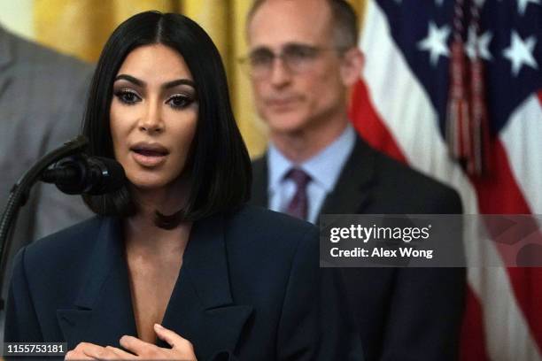 Kim Kardashian West speaks during an East Room event on “second chance hiring” June 13, 2019 at the White House in Washington, DC. President Donald...