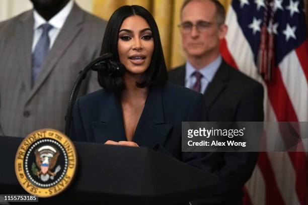 Kim Kardashian West speaks during an East Room event on “second chance hiring” June 13, 2019 at the White House in Washington, DC. President Donald...