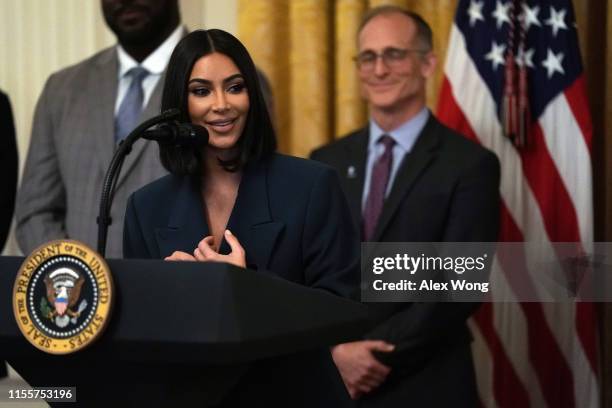 Kim Kardashian West speaks during an East Room event on “second chance hiring” June 13, 2019 at the White House in Washington, DC. President Donald...