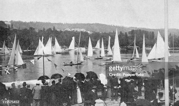 The Olympic Games were held during the Great Exposition in Paris, 1900. This image shows the yachting competion at the bassin de Meulan with...