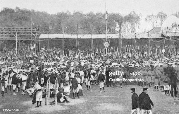 The Olympic Games were held during the Great Exposition in Paris, 1900. This image shows preparations for the gymnastics competition at Vincennes. .