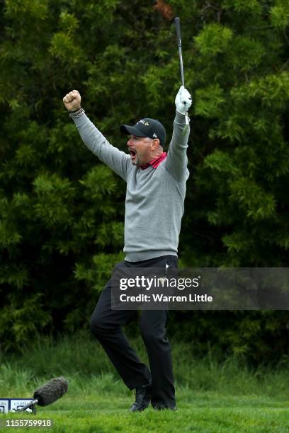 Rory Sabbatini of Slovakia reacts to making a hole-in-one on the 12th hole during the first round of the 2019 U.S. Open at Pebble Beach Golf Links on...