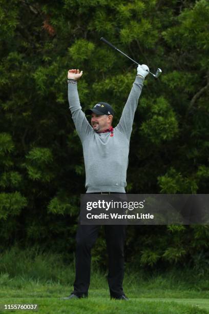 Rory Sabbatini of Slovakia reacts to making a hole-in-one on the 12th hole during the first round of the 2019 U.S. Open at Pebble Beach Golf Links on...