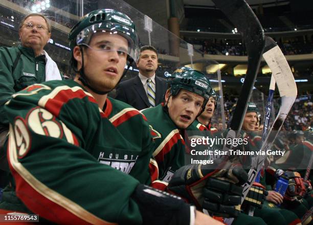 Bruce Bisping/Star Tribune. St. Paul, MN., Monday, 3/7/2005. Houston Aeros vs Grand Rapids Griffins. Houston Aero and Minnesota Wild Pierre-Macr...